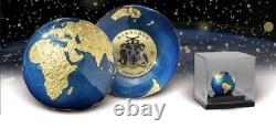 BLUE MARBLE Gold Plated Planet Earth Spherical 3 Oz Silver Coin 5$ Barbados 2021