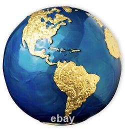 BLUE MARBLE Gold Plated Planet Earth Spherical 3 Oz Silver Coin 5$ Barbados 2021