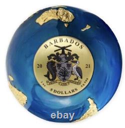 BLUE MARBLE Gold Plated Planet Earth Spherical 3 Oz Silver Coin 5$ Barbados 2021