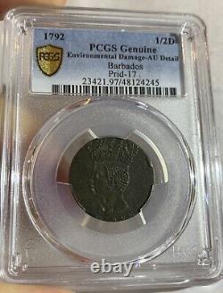 Barbadoes 1/2 Penny Coin 1792, PCGS AU