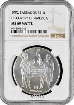 Barbados 10 dollars 1992, NGC MS69 MATTE, Discovery of America Top Pop 5/0