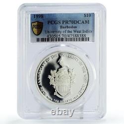 Barbados 10 dollars West Indies University Jubilee PR70 PCGS silver coin 1998