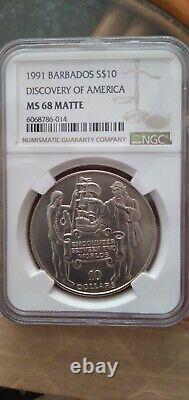 Barbados 1991 Discovery of America $10 silver coin NGC MS 68 MATTE