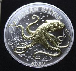 Barbados Caribbean 1 Dollar 2021 Silver 1 oz #F6958 BU Octopus Gilded