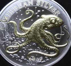 Barbados Caribbean 1 Dollar 2021 Silver 1 oz #F6958 BU Octopus Gilded