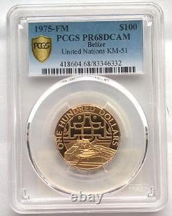 Belize 1975 United Nations 100 Dollars PCGS PR68 Gold Coin, Proof