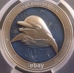 RARE 999 Minted 2019 Barbados Silver 3oz Dolphin Antiqued High Relief PCGS MS69