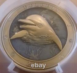 RARE 999 Minted 2019 Barbados Silver 3oz Dolphin Antiqued High Relief PCGS MS69