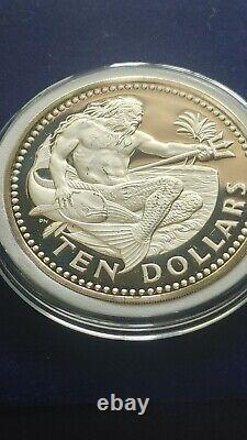 SILVER PR+ RARE 1973 BARBADOS PROOF SILVER 10 DOLLARS w HOLDER & BOX, NEPTUNE