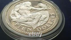 SILVER PR+ RARE 1973 BARBADOS PROOF SILVER 10 DOLLARS w HOLDER & BOX, NEPTUNE