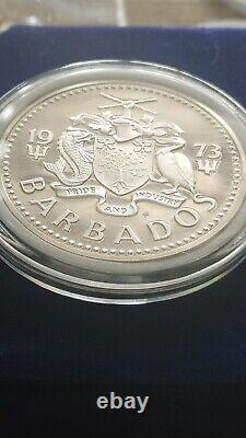 SILVER PR+ RARE 1973 BARBADOS PROOF SILVER 10 DOLLARS w HOLDER & BOX, NEPTUNE